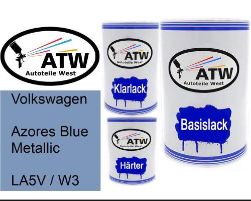 Volkswagen, Azores Blue Metallic, LA5V / W3: 500ml Lackdose + 500ml Klarlack + 250ml Härter - Set, von ATW Autoteile West.